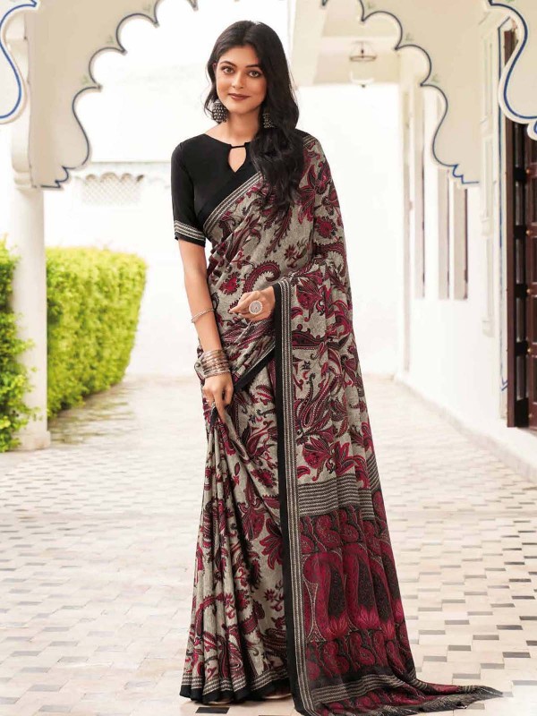 Ivory Grey Crepe Silk Digital Print Saree